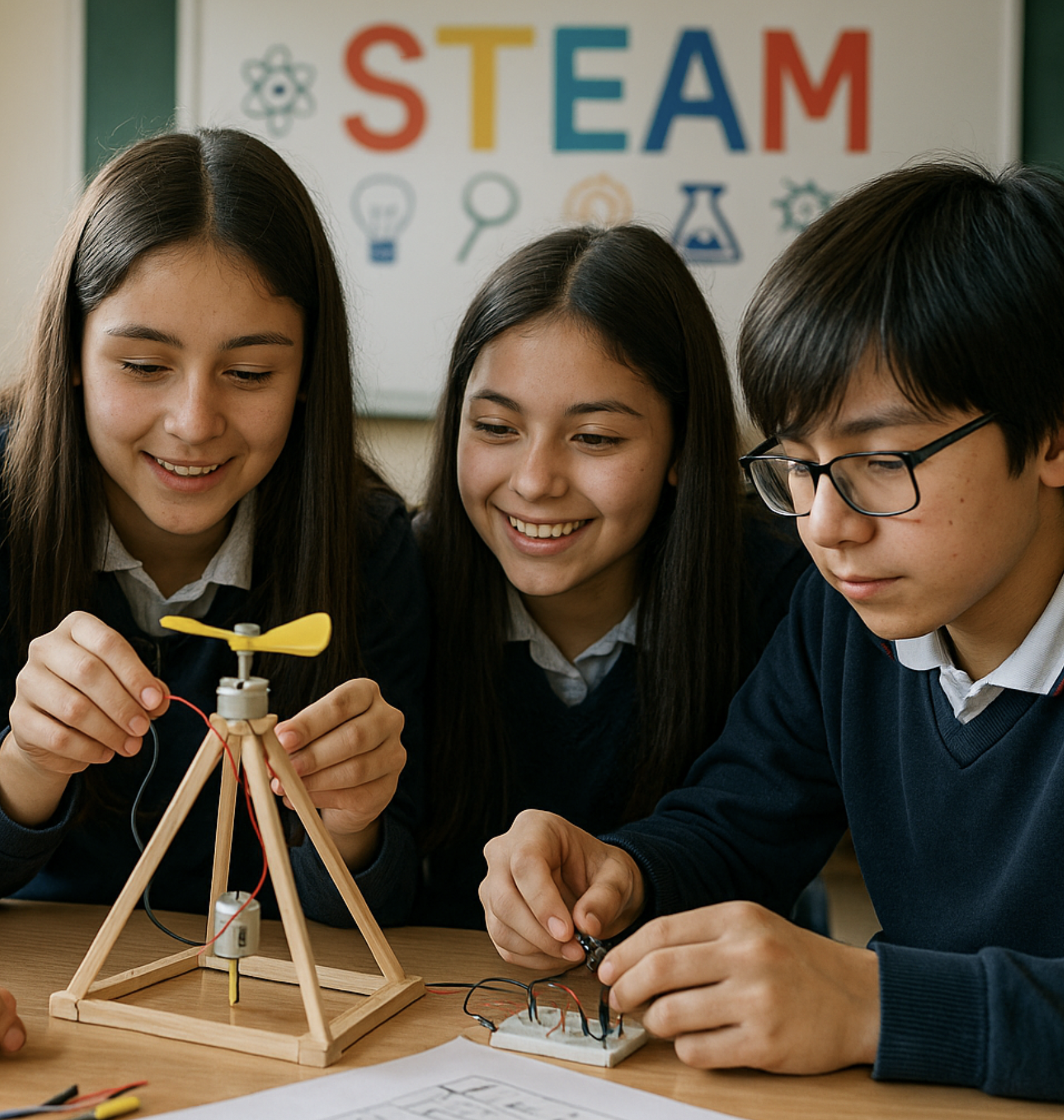 Estudiantes colaborando en proyecto STEAM de construcción